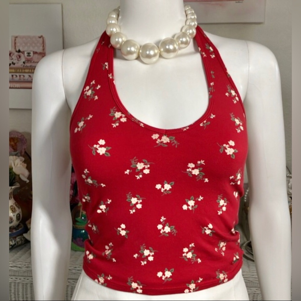 Hollister Y2K Red Floral Halter Crop Top Low Cut Built in Bra Cotton Size S